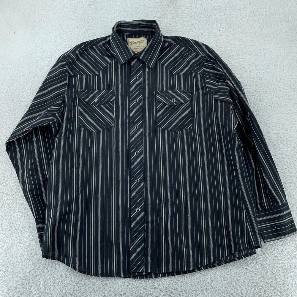 Wrangler Western Shirt Mens XL Black Pearl Snap Striped Metallic Long Sleeve